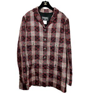 Sz 50 XL 2008 Chanel Paris London Plaid Coat Gripoix Buttons Red Runway Look 4